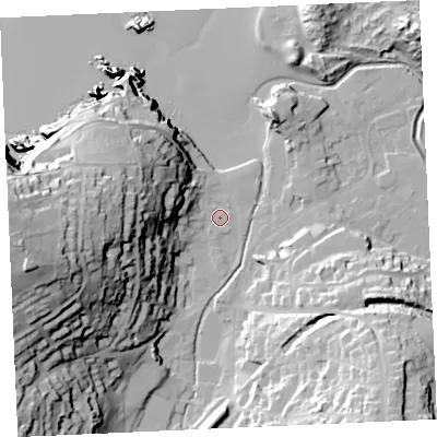 Shaded relief map of the ground around TR60JN, computed from Environment Agency LiDAR. The ground here sits at about 5 m above sea level and falls 64 m across the surrounding 800 m. Surface water reaching this point runs off ground lying to the west, 56.6 m higher.