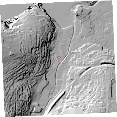 Shaded relief map of the ground around TR60JR, computed from Environment Agency LiDAR. The ground here sits at about 5 m above sea level and falls 65 m across the surrounding 800 m. Surface water reaching this point runs off ground lying to the south-south-west, 1.3 m higher.