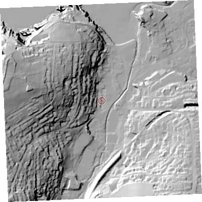 Shaded relief map of the ground around TR60JT, computed from Environment Agency LiDAR. The ground here sits at about 6 m above sea level and falls 68 m across the surrounding 800 m. Surface water reaching this point runs off ground lying to the west-north-west, 57.5 m higher.