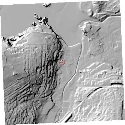 Shaded relief map of the ground around TR60JW, computed from Environment Agency LiDAR. The ground here sits at about 6 m above sea level and falls 66 m across the surrounding 800 m. Surface water reaching this point runs off ground lying to the west, 57.6 m higher.