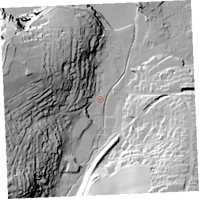 Shaded relief map of the ground around TR60LF, computed from Environment Agency LiDAR. The ground here sits at about 6 m above sea level and falls 67 m across the surrounding 800 m. Surface water reaching this point runs off ground lying to the west-north-west, 58.5 m higher.