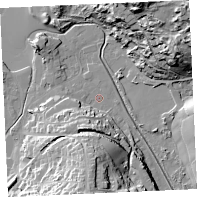 Shaded relief map of the ground around TR60LR, computed from Environment Agency LiDAR. The ground here sits at about 5 m above sea level and falls 63 m across the surrounding 800 m. Surface water reaching this point runs off ground lying to the south, 37.1 m higher.