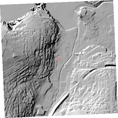Shaded relief map of the ground around TR60LT, computed from Environment Agency LiDAR. The ground here sits at about 5 m above sea level and falls 68 m across the surrounding 800 m. Surface water reaching this point runs off ground lying to the west, 57.6 m higher.