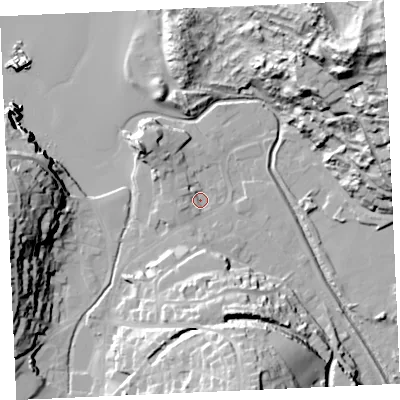 Shaded relief map of the ground around TR60LW, computed from Environment Agency LiDAR. The ground here sits at about 5 m above sea level and falls 61 m across the surrounding 800 m. Surface water reaching this point runs off ground lying to the south-south-east, 32.2 m higher.