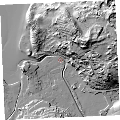 Shaded relief map of the ground around TR60LZ, computed from Environment Agency LiDAR. The ground here sits at about 5 m above sea level and falls 75 m across the surrounding 800 m. Surface water reaching this point runs off ground lying to the east-north-east, 69.4 m higher.