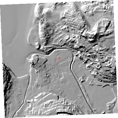 Shaded relief map of the ground around TR60NB, computed from Environment Agency LiDAR. The ground here sits at about 5 m above sea level and falls 67 m across the surrounding 800 m. Surface water reaching this point runs off ground lying to the south, 21.0 m higher.