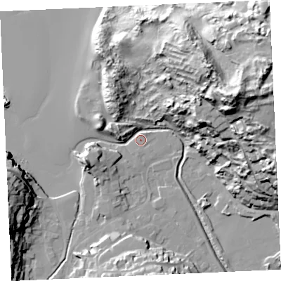 Shaded relief map of the ground around TR60ND, computed from Environment Agency LiDAR. The ground here sits at about 5 m above sea level and falls 66 m across the surrounding 800 m. Surface water reaching this point runs off ground lying to the east-north-east, 61.2 m higher.