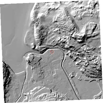 Shaded relief map of the ground around TR60NE, computed from Environment Agency LiDAR. The ground here sits at about 5 m above sea level and falls 68 m across the surrounding 800 m. Surface water reaching this point runs off ground lying to the east-north-east, 61.2 m higher.