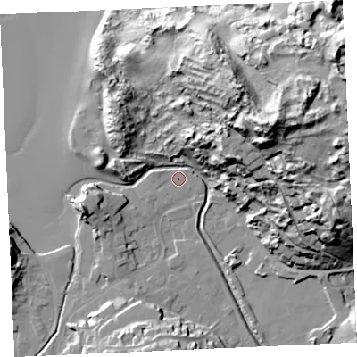 Shaded relief map of the ground around TR60NF, computed from Environment Agency LiDAR. The ground here sits at about 5 m above sea level and falls 74 m across the surrounding 800 m. Surface water reaching this point runs off ground lying to the east-north-east, 61.9 m higher.
