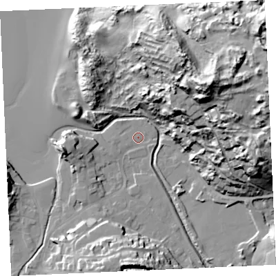 Shaded relief map of the ground around TR60NH, computed from Environment Agency LiDAR. The ground here sits at about 5 m above sea level and falls 74 m across the surrounding 800 m. Surface water reaching this point runs off ground lying to the south, 21.0 m higher.