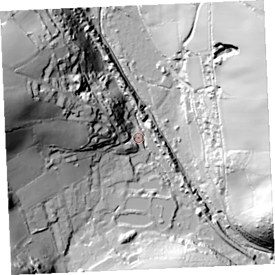 Shaded relief map of the ground around TR60PE, computed from Environment Agency LiDAR. The ground here sits at about 8 m above sea level and falls 61 m across the surrounding 800 m. Surface water reaching this point runs off ground lying to the west-north-west, 53.5 m higher.