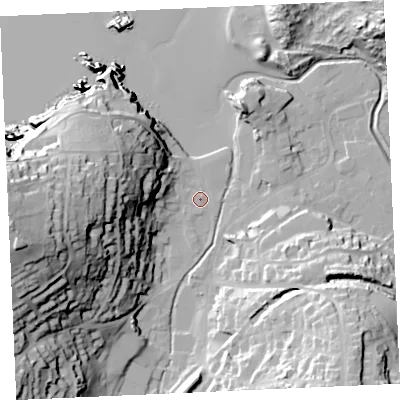 Shaded relief map of the ground around TR60PS, computed from Environment Agency LiDAR. The ground here sits at about 5 m above sea level and falls 63 m across the surrounding 800 m. Surface water reaching this point runs off ground lying to the west, 56.2 m higher.