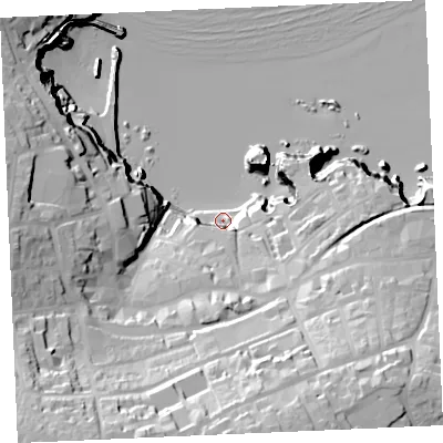 Shaded relief map of the ground around TR71DU, computed from Environment Agency LiDAR. The ground here sits at about 8 m above sea level and falls 62 m across the surrounding 800 m. Surface water reaching this point runs off ground lying to the south-south-east, 28.1 m higher.