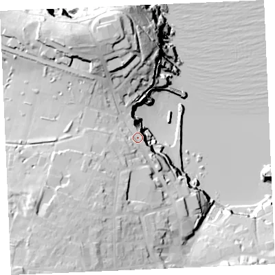 Shaded relief map of the ground around TR71EZ, computed from Environment Agency LiDAR. The ground here sits at about 28 m above sea level and falls 53 m across the surrounding 800 m. Surface water reaching this point runs off ground lying to the south-west, 13.4 m higher.