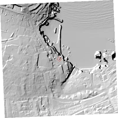 Shaded relief map of the ground around TR71HR, computed from Environment Agency LiDAR. The ground here sits at about 24 m above sea level and falls 56 m across the surrounding 800 m. Surface water reaching this point runs off ground lying to the west-south-west, 12.7 m higher.