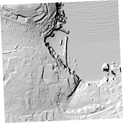 Shaded relief map of the ground around TR71HT, computed from Environment Agency LiDAR. The ground here sits at about 8 m above sea level and falls 54 m across the surrounding 800 m. Surface water reaching this point runs off ground lying to the west-south-west, 37.7 m higher.