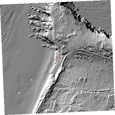 Shaded relief map of the ground around TR71HY, computed from Environment Agency LiDAR. The ground here sits at about 11 m above sea level and falls 49 m across the surrounding 800 m. Surface water reaching this point runs off ground lying to the east-north-east, 20.8 m higher.