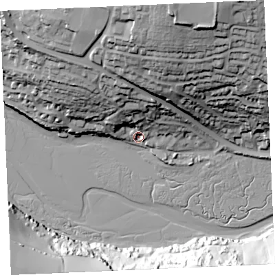 Shaded relief map of the ground around TR72AF, computed from Environment Agency LiDAR. The ground here sits at about 5 m above sea level and falls 62 m across the surrounding 800 m. Surface water reaching this point runs off ground lying to the north, 56.2 m higher.