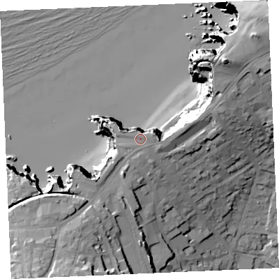 Shaded relief map of the ground around TR72FD, computed from Environment Agency LiDAR. The ground here sits at about 30 m above sea level and falls 51 m across the surrounding 800 m. Surface water reaching this point runs off ground lying to the east, 2.9 m higher.