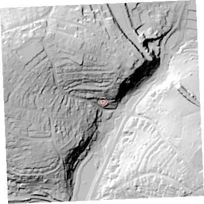 Shaded relief map of the ground around TR72HW, computed from Environment Agency LiDAR. The ground here sits at about 16 m above sea level and falls 56 m across the surrounding 800 m. Surface water reaching this point runs off ground lying to the north-north-west, 43.6 m higher.