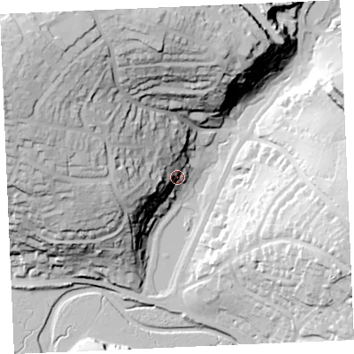 Shaded relief map of the ground around TR72HX, computed from Environment Agency LiDAR. The ground here sits at about 14 m above sea level and falls 58 m across the surrounding 800 m. Surface water reaching this point runs off ground lying to the west, 32.9 m higher.