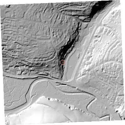 Shaded relief map of the ground around TR72HY, computed from Environment Agency LiDAR. The ground here sits at about 8 m above sea level and falls 64 m across the surrounding 800 m. Surface water reaching this point runs off ground lying to the north-west, 26.1 m higher.