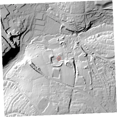 Shaded relief map of the ground around TR72LZ, computed from Environment Agency LiDAR. The ground here sits at about 21 m above sea level and falls 40 m across the surrounding 800 m. Surface water reaching this point runs off ground lying to the south-south-west, 8.3 m higher.
