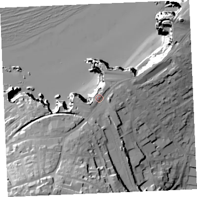 Shaded relief map of the ground around TR72NE, computed from Environment Agency LiDAR. The ground here sits at about 31 m above sea level and falls 58 m across the surrounding 800 m. Surface water reaching this point runs off ground lying to the south-south-west, 25.5 m higher.