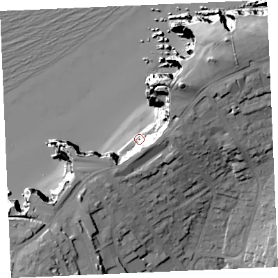 Shaded relief map of the ground around TR72QN, computed from Environment Agency LiDAR. The ground here sits at about 11 m above sea level and falls 47 m across the surrounding 800 m. Surface water reaching this point runs off ground lying to the north-east, 37.5 m higher.