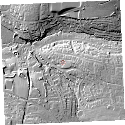 Shaded relief map of the ground around TR72RP, computed from Environment Agency LiDAR. The ground here sits at about 26 m above sea level and falls 36 m across the surrounding 800 m. Surface water reaching this point runs off ground lying to the east-south-east, 9.6 m higher.