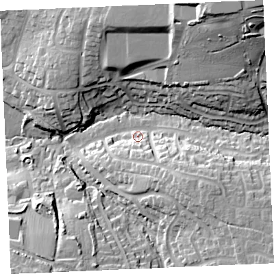 Shaded relief map of the ground around TR72RW, computed from Environment Agency LiDAR. The ground here sits at about 17 m above sea level and falls 40 m across the surrounding 800 m. Surface water reaching this point runs off ground lying to the south-east, 19.6 m higher.