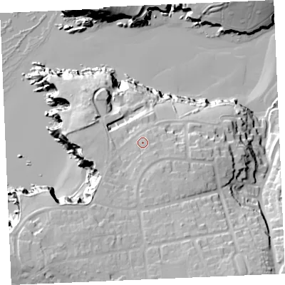 Shaded relief map of the ground around TR73AE, computed from Environment Agency LiDAR. The ground here sits at about 30 m above sea level and falls 49 m across the surrounding 800 m. Surface water reaching this point runs off ground lying to the south-south-east, 3.1 m higher.