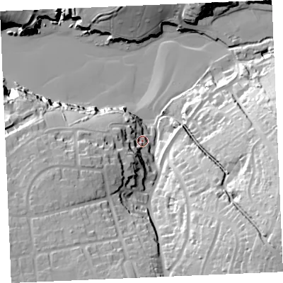 Shaded relief map of the ground around TR73LN, computed from Environment Agency LiDAR. The ground here sits at about 11 m above sea level and falls 57 m across the surrounding 800 m. Surface water reaching this point runs off ground lying to the south-west, 23.1 m higher.