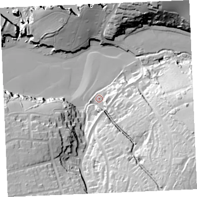 Shaded relief map of the ground around TR73LU, computed from Environment Agency LiDAR. The ground here sits at about 8 m above sea level and falls 64 m across the surrounding 800 m. Surface water reaching this point runs off ground lying to the east-south-east, 13.0 m higher.