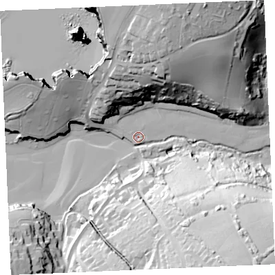 Shaded relief map of the ground around TR73NB, computed from Environment Agency LiDAR. The ground here sits at about 4 m above sea level and falls 65 m across the surrounding 800 m. Surface water reaching this point runs off ground lying to the south-east, 59.7 m higher.