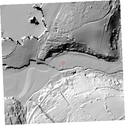 Shaded relief map of the ground around TR73NH, computed from Environment Agency LiDAR. The ground here sits at about 5 m above sea level and falls 63 m across the surrounding 800 m. Surface water reaching this point runs off ground lying to the north-north-east, 45.4 m higher.