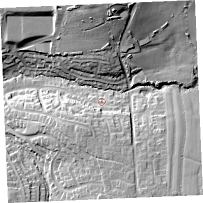Shaded relief map of the ground around TR73PE, computed from Environment Agency LiDAR. The ground here sits at about 22 m above sea level and falls 36 m across the surrounding 800 m. Surface water reaching this point runs off ground lying to the south, 12.9 m higher.