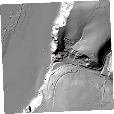 Shaded relief map of the ground around TR84AA, computed from Environment Agency LiDAR. The ground here sits at about 23 m above sea level and falls 83 m across the surrounding 800 m. Surface water reaching this point runs off ground lying to the north, 30.2 m higher.