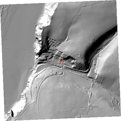 Shaded relief map of the ground around TR84AB, computed from Environment Agency LiDAR. The ground here sits at about 24 m above sea level and falls 87 m across the surrounding 800 m. Surface water reaching this point runs off ground lying to the east-north-east, 40.1 m higher.