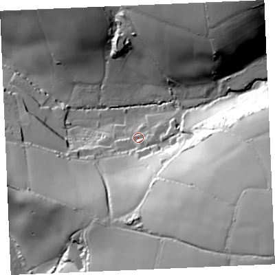 Shaded relief map of the ground around TR84AR, computed from Environment Agency LiDAR. The ground here sits at about 27 m above sea level and falls 79 m across the surrounding 800 m. Surface water reaching this point runs off ground lying to the south-east, 58.9 m higher.