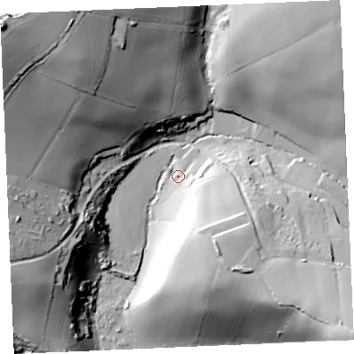 Shaded relief map of the ground around TR84AS, computed from Environment Agency LiDAR. The ground here sits at about 12 m above sea level and falls 71 m across the surrounding 800 m. Surface water reaching this point runs off ground lying to the south-east, 27.2 m higher.