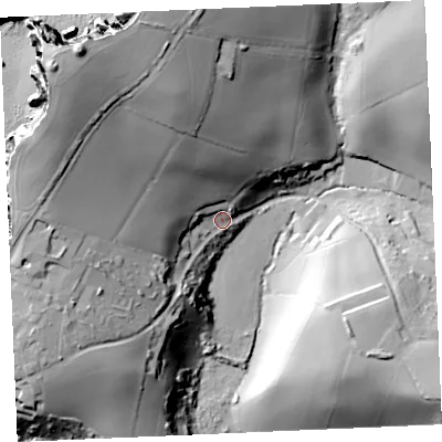 Shaded relief map of the ground around TR84AT, computed from Environment Agency LiDAR. The ground here sits at about 17 m above sea level and falls 74 m across the surrounding 800 m. Surface water reaching this point runs off ground lying to the north-west, 58.7 m higher.