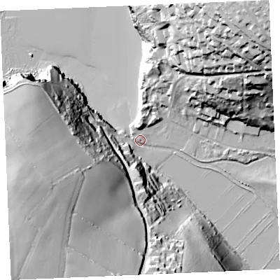 Shaded relief map of the ground around TR84BA, computed from Environment Agency LiDAR. The ground here sits at about 6 m above sea level and falls 80 m across the surrounding 800 m. Surface water reaching this point runs off ground lying to the south-west, 74.2 m higher.