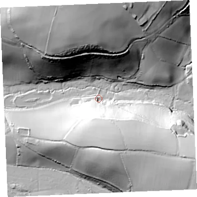 Shaded relief map of the ground around TR84BH, computed from Environment Agency LiDAR. The ground here sits at about 16 m above sea level and falls 80 m across the surrounding 800 m. Surface water reaching this point runs off ground lying to the south-south-east, 41.7 m higher.