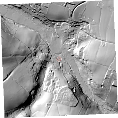 Shaded relief map of the ground around TR84EP, computed from Environment Agency LiDAR. The ground here sits at about 15 m above sea level and falls 63 m across the surrounding 800 m. Surface water reaching this point runs off ground lying to the west-south-west, 57.8 m higher.