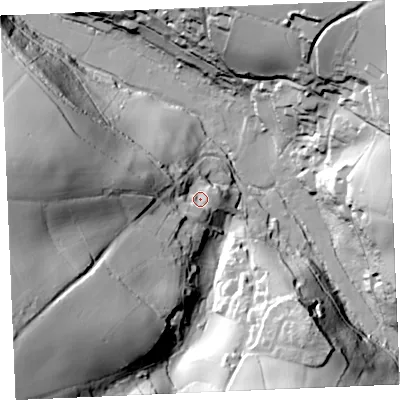 Shaded relief map of the ground around TR84ER, computed from Environment Agency LiDAR. The ground here sits at about 27 m above sea level and falls 74 m across the surrounding 800 m. Surface water reaching this point runs off ground lying to the south-west, 57.7 m higher.