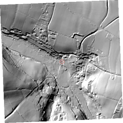 Shaded relief map of the ground around TR84ET, computed from Environment Agency LiDAR. The ground here sits at about 16 m above sea level and falls 63 m across the surrounding 800 m. Surface water reaching this point runs off ground lying to the north-north-east, 50.9 m higher.