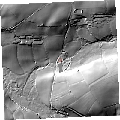 Shaded relief map of the ground around TR84HD, computed from Environment Agency LiDAR. The ground here sits at about 54 m above sea level and falls 79 m across the surrounding 800 m. Surface water reaching this point runs off ground lying to the north-east, 58.8 m higher.