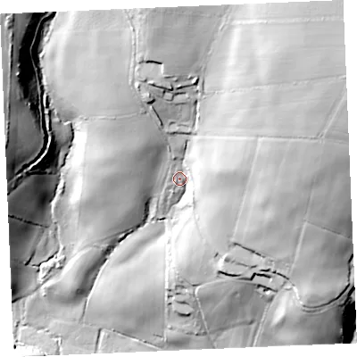 Shaded relief map of the ground around TR84HH, computed from Environment Agency LiDAR. The ground here sits at about 54 m above sea level and falls 76 m across the surrounding 800 m. Surface water reaching this point runs off ground lying to the north-east, 41.1 m higher.