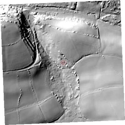 Shaded relief map of the ground around TR84JP, computed from Environment Agency LiDAR. The ground here sits at about 19 m above sea level and falls 51 m across the surrounding 800 m. Surface water reaching this point runs off ground lying to the north-north-east, 22.0 m higher.